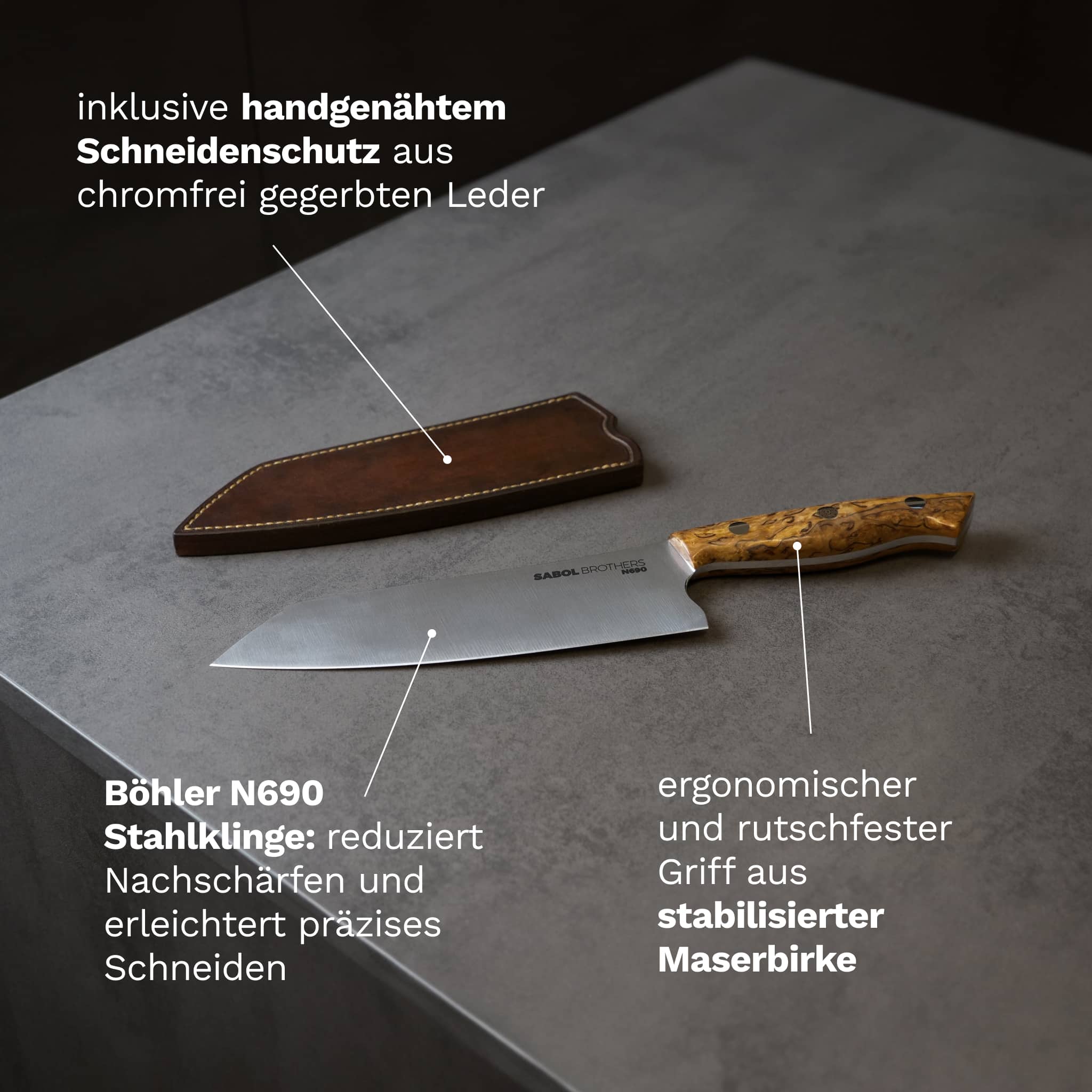 Hochwertiges Iconic Tools Küchenmesser Durabilis – Inklusive handgenähtem Schneidenschutz