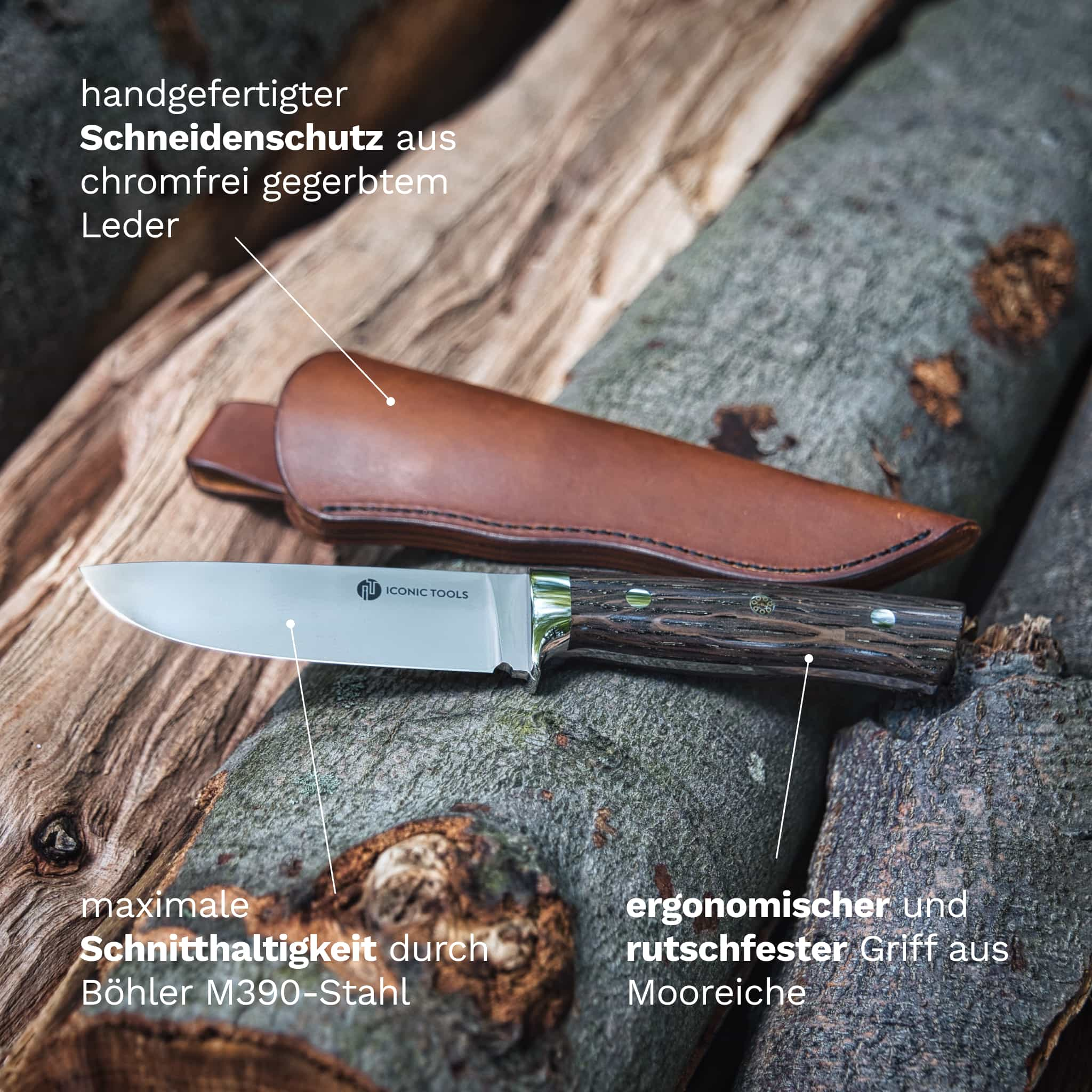 Animus Outdoormesser von Iconic Tools mit einer mattpolierten Klinge aus Böhler M390 Stahl und einem Griff aus stabilisierter Mooreiche Infografik.