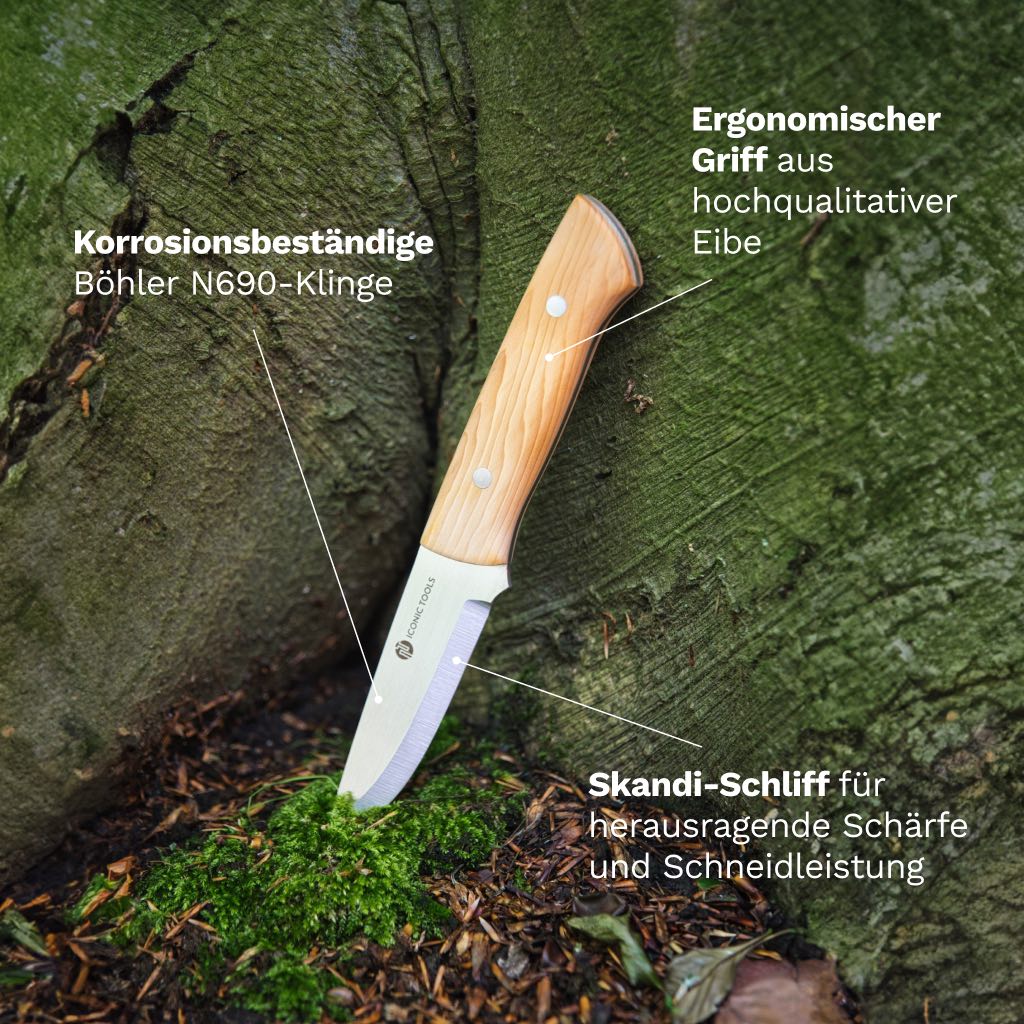 Iconic Tools Cura Outdoormesser mit Böhler N690 Stahlklinge und Griff aus europäischer Eibe im Wald Infografik