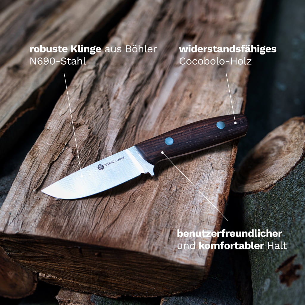 Handgefertigtes Forma Outdoormesser mit korrosionsbeständiger Böhler N690 Stahlklinge und ergonomischem Cocobolo Holzgriff Infografik.