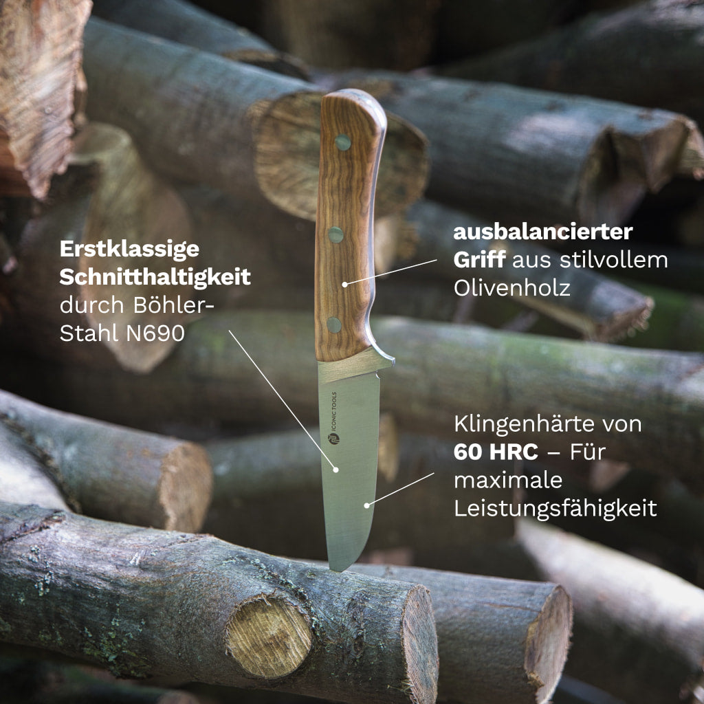 Handgefertigtes Motus Outdoormesser mit einer robusten Böhler N690 Stahlklinge und einem ergonomischen Olivenholzgriff im Wald Infografik.